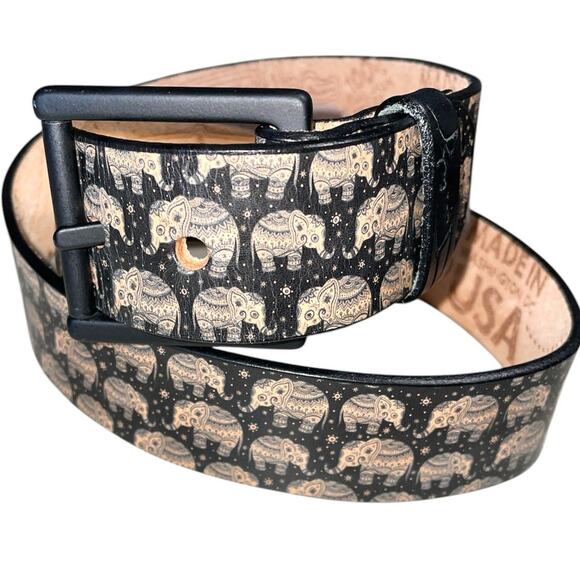Jon Wye Elephant Graphic Black 100% Leather Belt Small - Picture 1 of 6